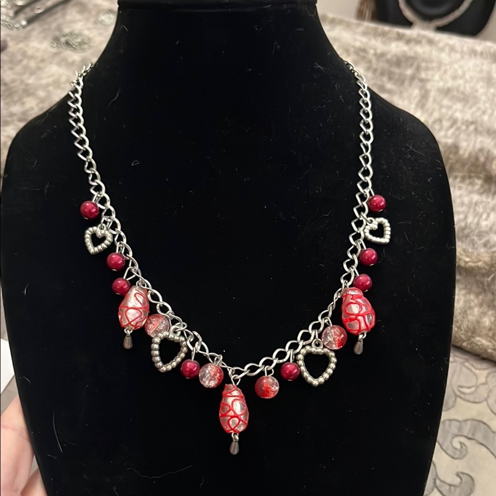 Elegant Silver and Red Heart Necklace